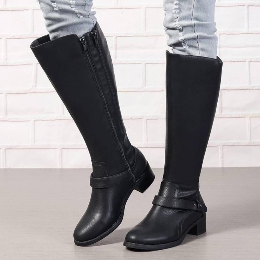 Easy Street Black Heeled Flat Boots Side Zipper and Extender Zipper Wide Calf - Picture 2 of 10